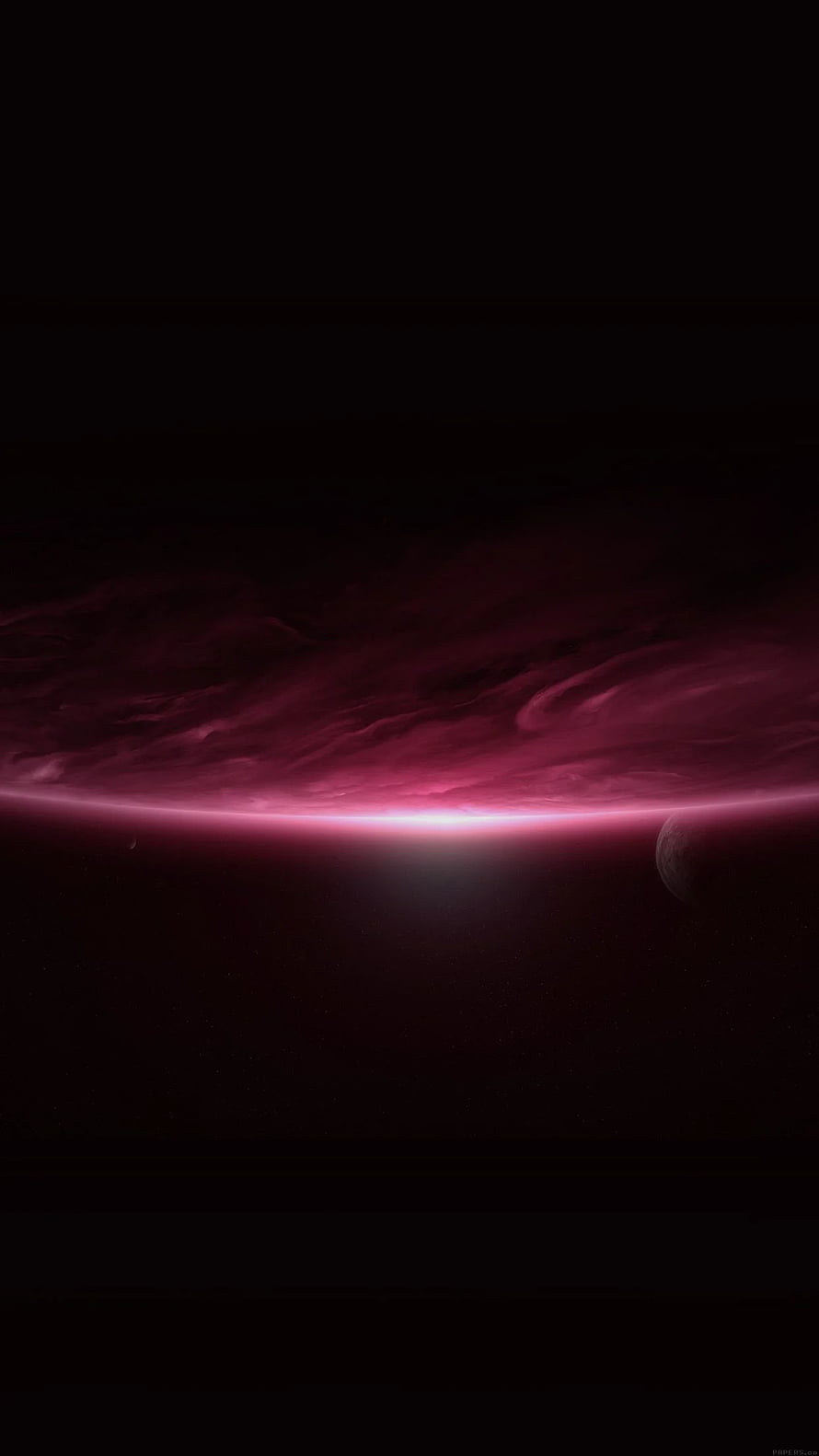 Crimson Space Sunrise Over Dark Planet Horizon with Distant Moon HD phone wallpaper