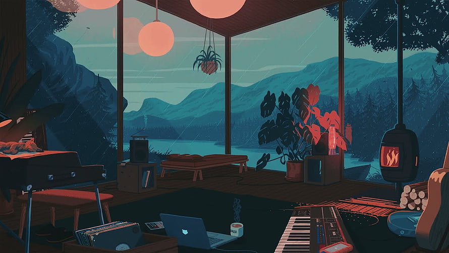 Cozy Cabin Interior with Mountain Lake View, Rainy Night, Music Studio Setup, Digital Illustration HD wallpaper