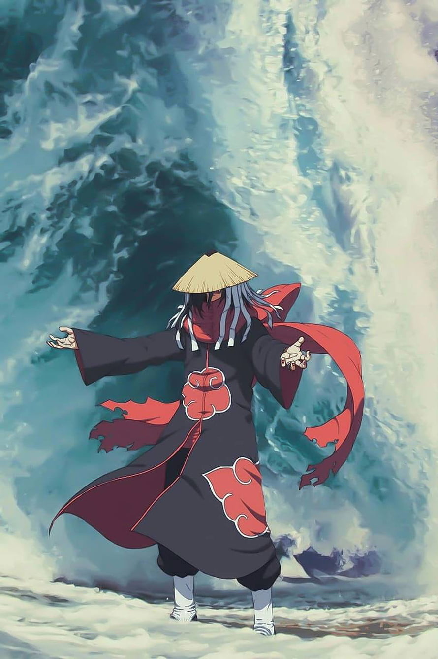 Itachi Uchiha in Akatsuki Cloak Standing Before a Massive Ocean Wave HD phone wallpaper