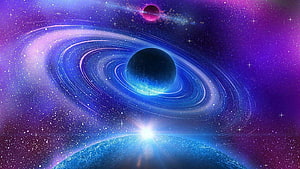 Vibrant Purple Nebula and Ringed Planet in Deep Space HD wallpaper