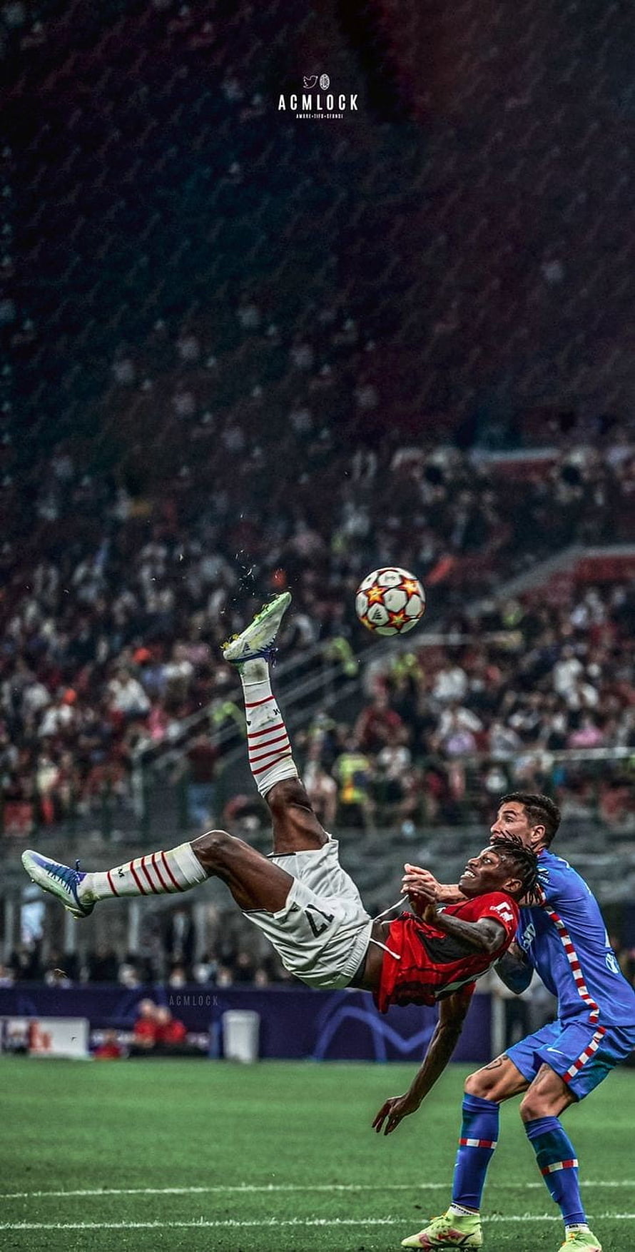 Rafael Leao Aerial Bicycle Kick Action Shot in AC Milan Red Kit HD phone wallpaper