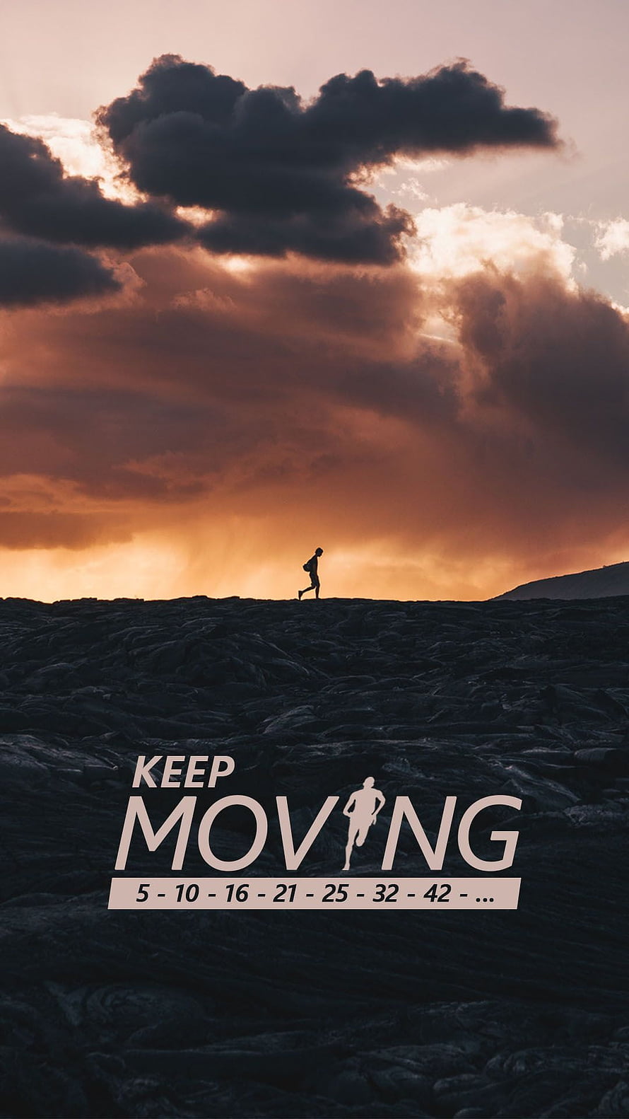 Silhouette of a runner on a rocky ridge at sunset with dramatic clouds and motivational text overlay HD phone wallpaper