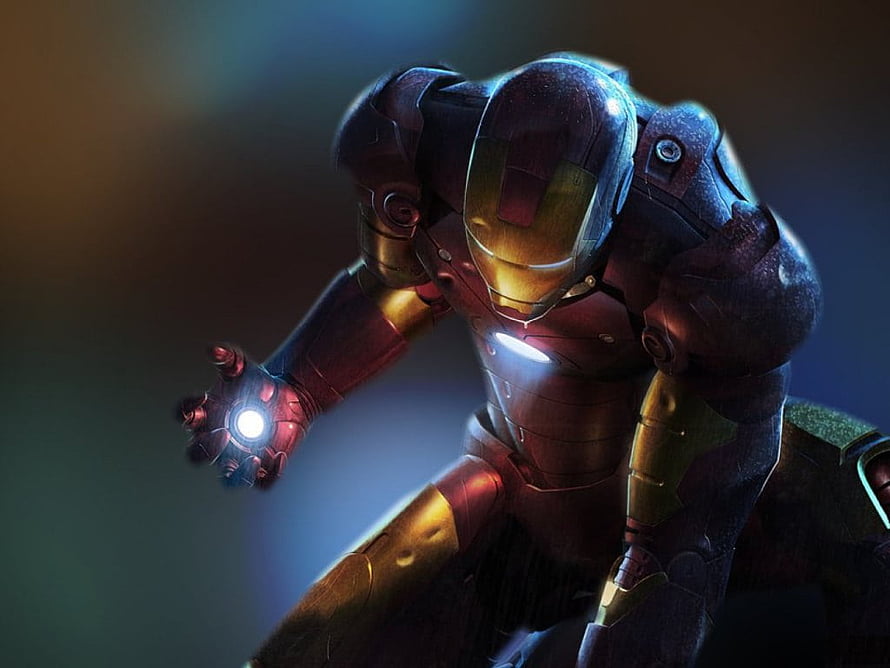 Iron Man in a Dynamic Crouching Pose with Glowing Repulsor Hand and Arc Reactor HD wallpaper