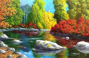 Vibrant Autumn River Scene With Colorful Foliage And Rocky Banks HD wallpaper