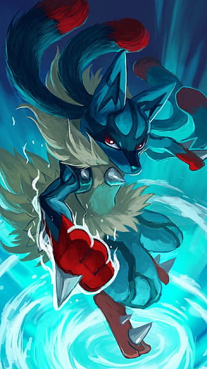 Lucario Dynamic Action Artwork with Aura Energy and Red Tails HD phone wallpaper