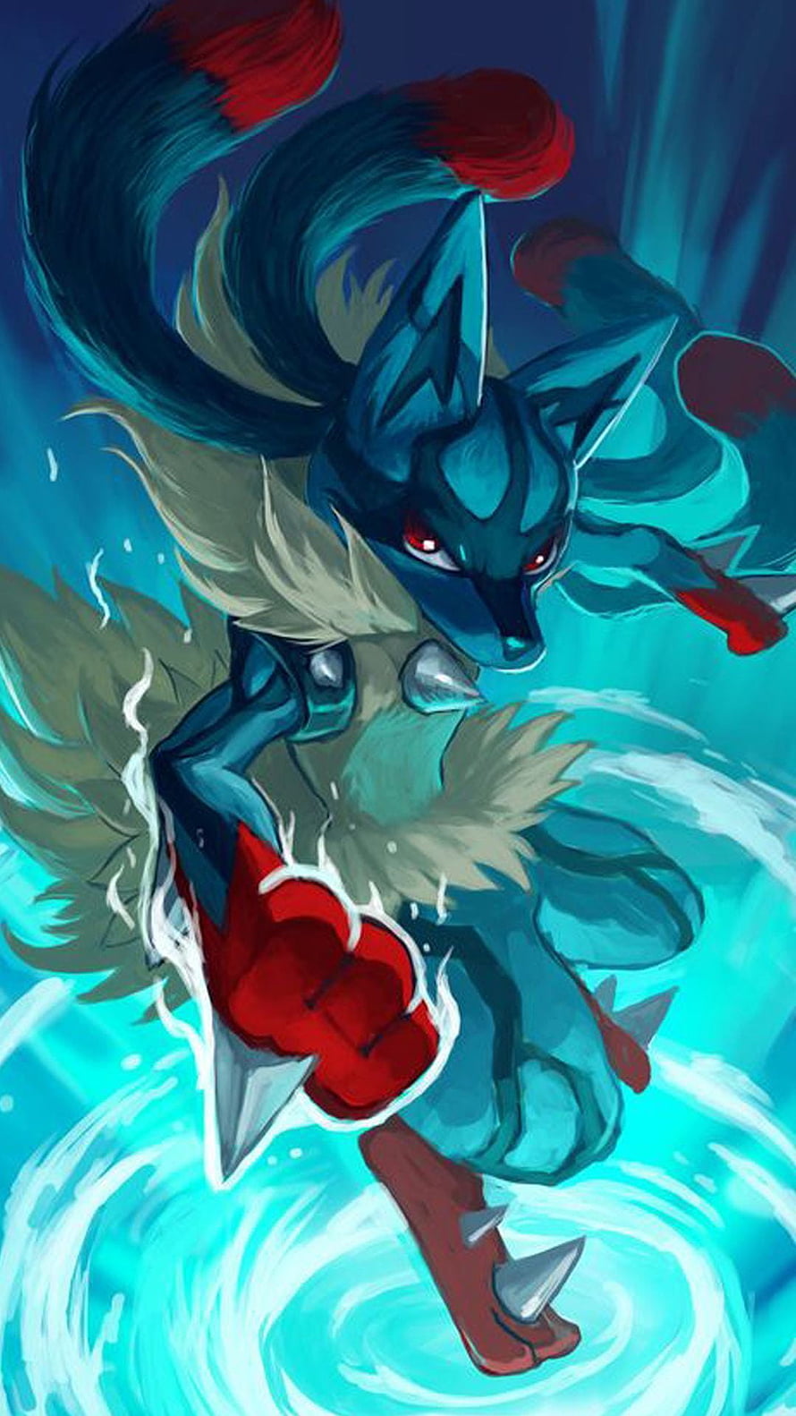Lucario Dynamic Action Artwork with Aura Energy and Red Tails HD phone wallpaper