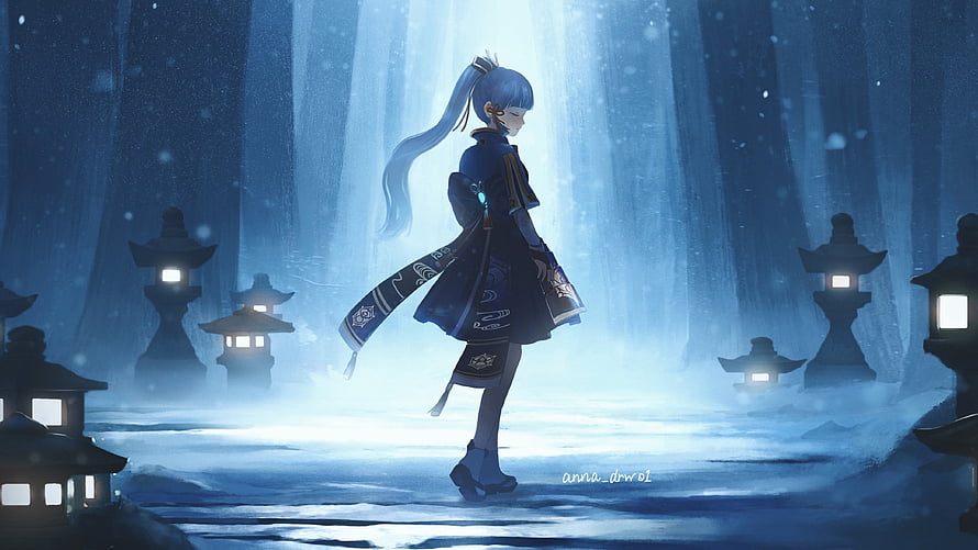 Kamisato Ayaka Walking Through Snowy Lantern Path in Genshin Impact HD wallpaper