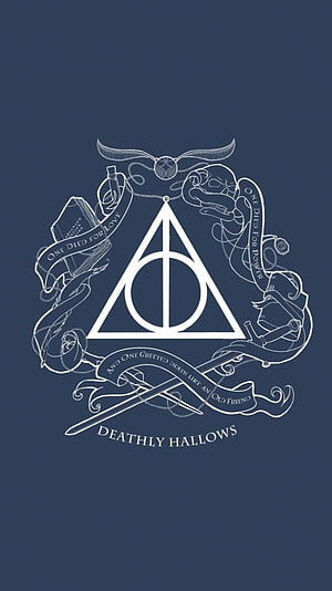 Harry Potter Deathly Hallows Symbol with Ornate Line Art and Dark Blue Background HD phone wallpaper