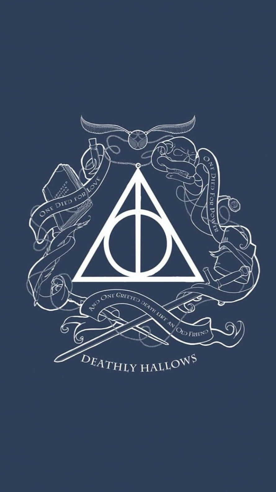 Harry Potter Deathly Hallows Symbol with Ornate Line Art and Dark Blue Background HD phone wallpaper