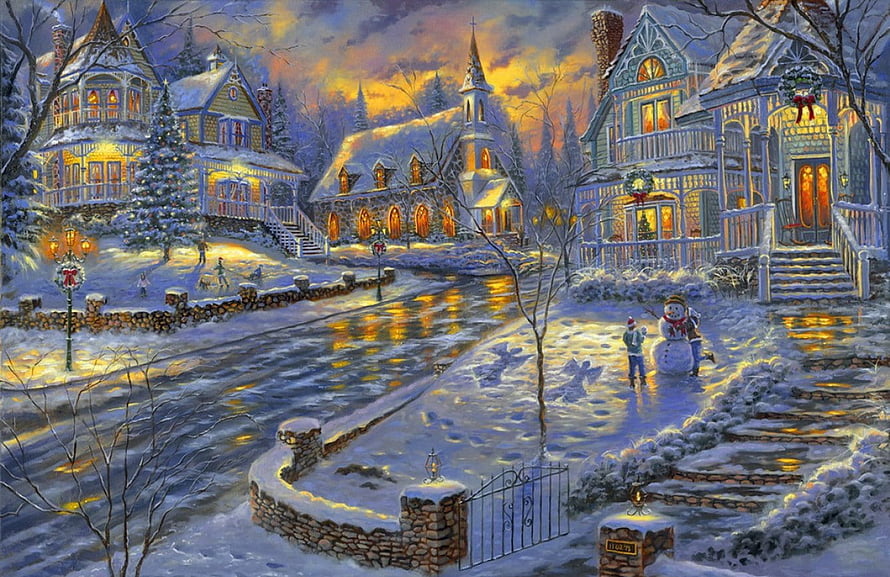 Cozy Christmas Village at Dusk with Snowman and Glowing Cottages HD wallpaper
