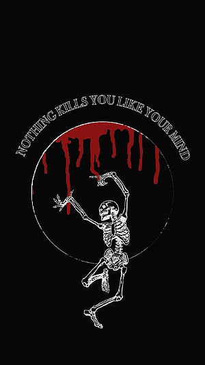 Dancing Skeleton with Dripping Blood and Dark Quote on Black Background HD phone wallpaper
