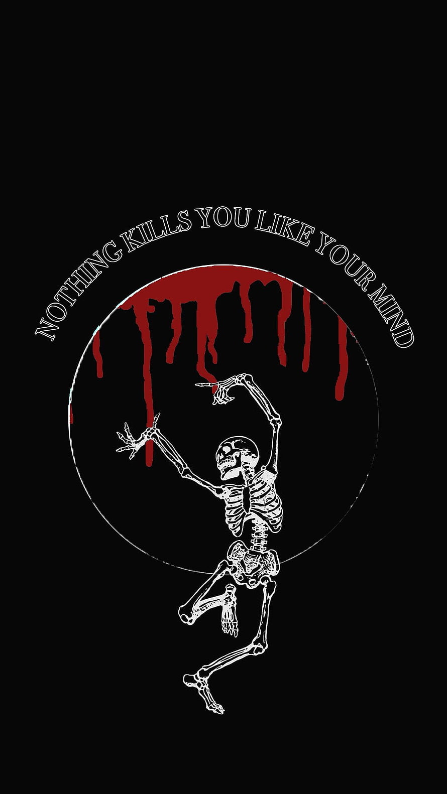 Dancing Skeleton with Dripping Blood and Dark Quote on Black Background HD phone wallpaper
