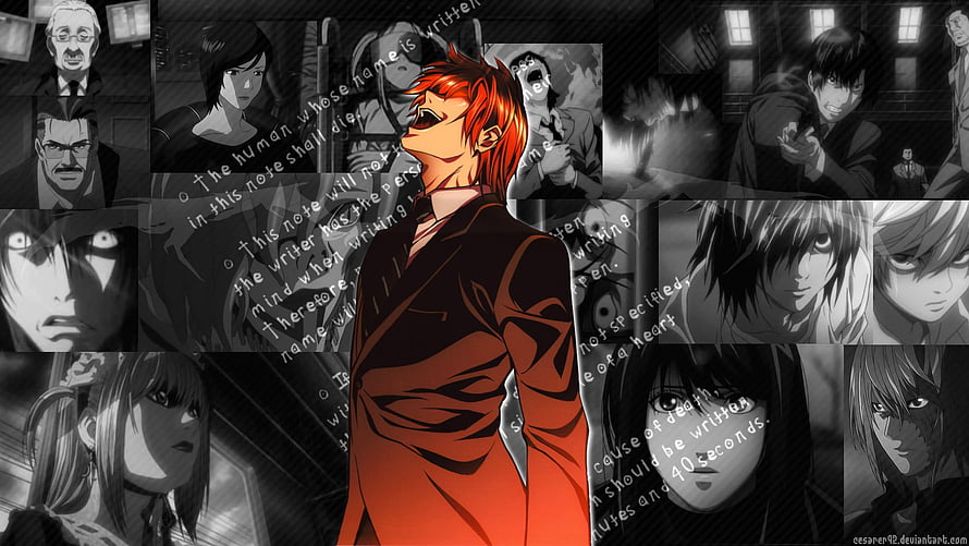Death Note Anime Collage Featuring Light Yagami and Rulebook Text HD wallpaper