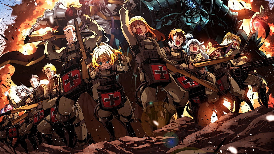 Isekai Quartet Anime Crossover Battle Scene with Zero and Youjo Senki Characters HD wallpaper