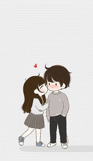 Cute Cartoon Couple Kissing on Cheek with Red Heart HD phone wallpaper