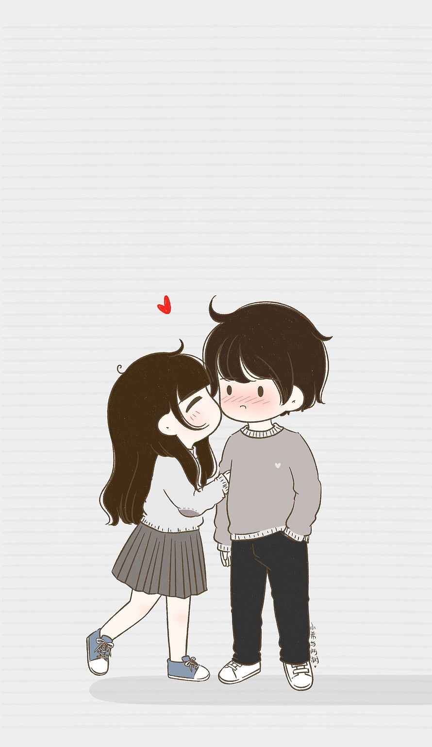 Cute Cartoon Couple Kissing on Cheek with Red Heart HD phone wallpaper