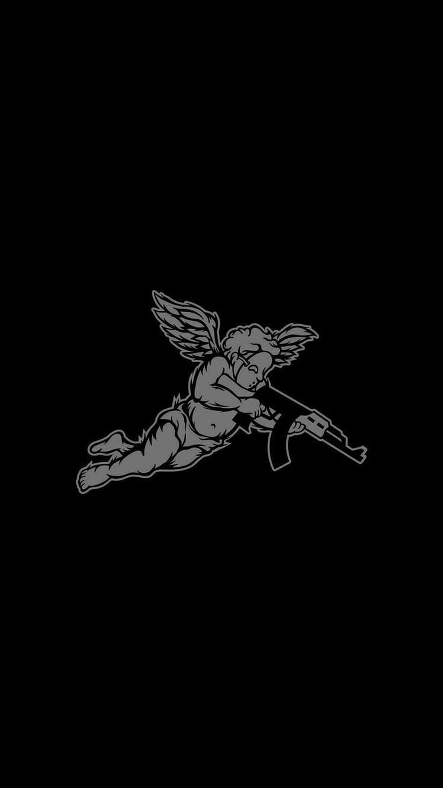 Monochrome Winged Cherub Holding AK-47 Rifle on Black Background HD phone wallpaper
