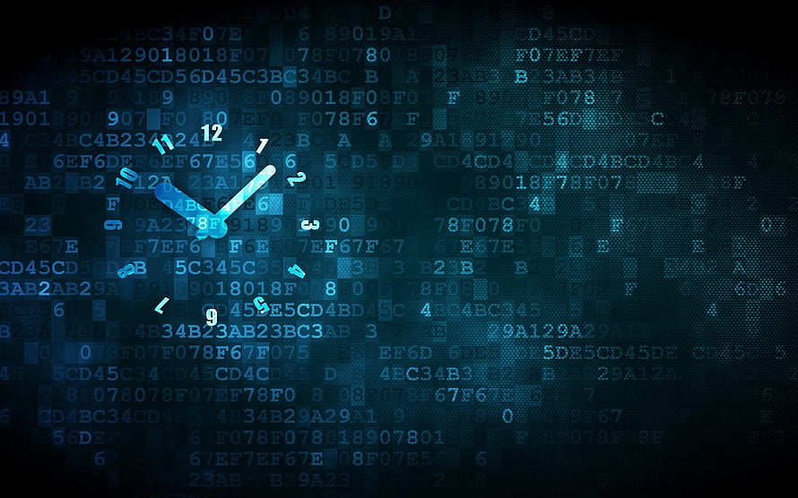 Glowing Blue Analog Clock Face Over Hexadecimal Code Matrix HD wallpaper