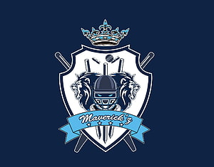 Maverick's Cricket Team Emblem with Crown, Lions, and Bats on Navy Background HD wallpaper