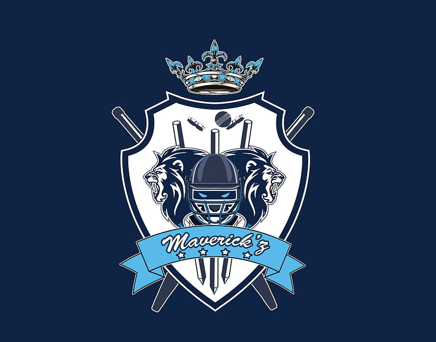 Maverick's Cricket Team Emblem with Crown, Lions, and Bats on Navy Background HD wallpaper