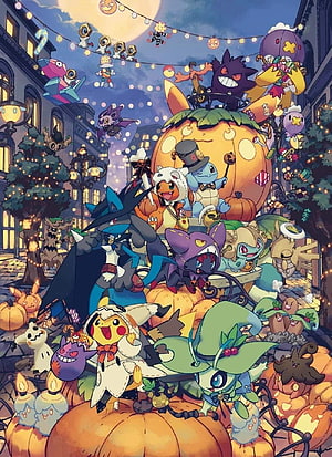 Pokemon Halloween Festival Illustration Featuring Pikachu, Lucario, and Ghost Type Characters HD phone wallpaper