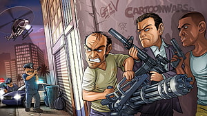 GTA 5 Roleplay Gang Shootout Illustration with Armed Characters and Police Pursuit HD wallpaper