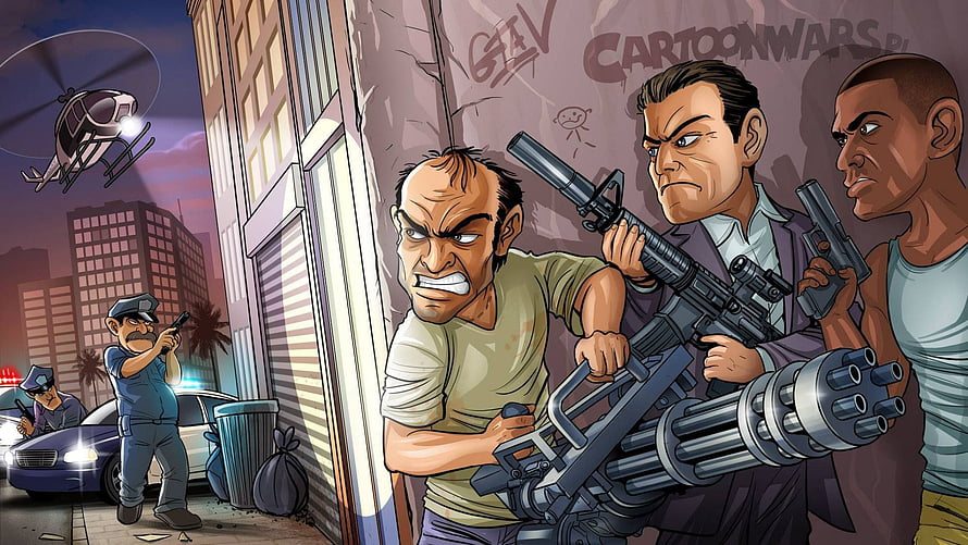 GTA 5 Roleplay Gang Shootout Illustration with Armed Characters and Police Pursuit HD wallpaper