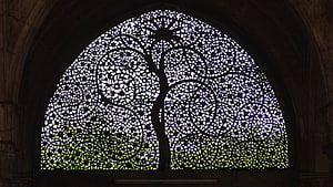 Intricate Lattice Tree Silhouette in Arched Window with Natural Light HD wallpaper