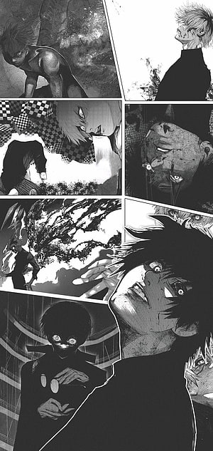 Tokyo Ghoul manga panel collage featuring Kaneki Ken and dark horror scenes HD phone wallpaper