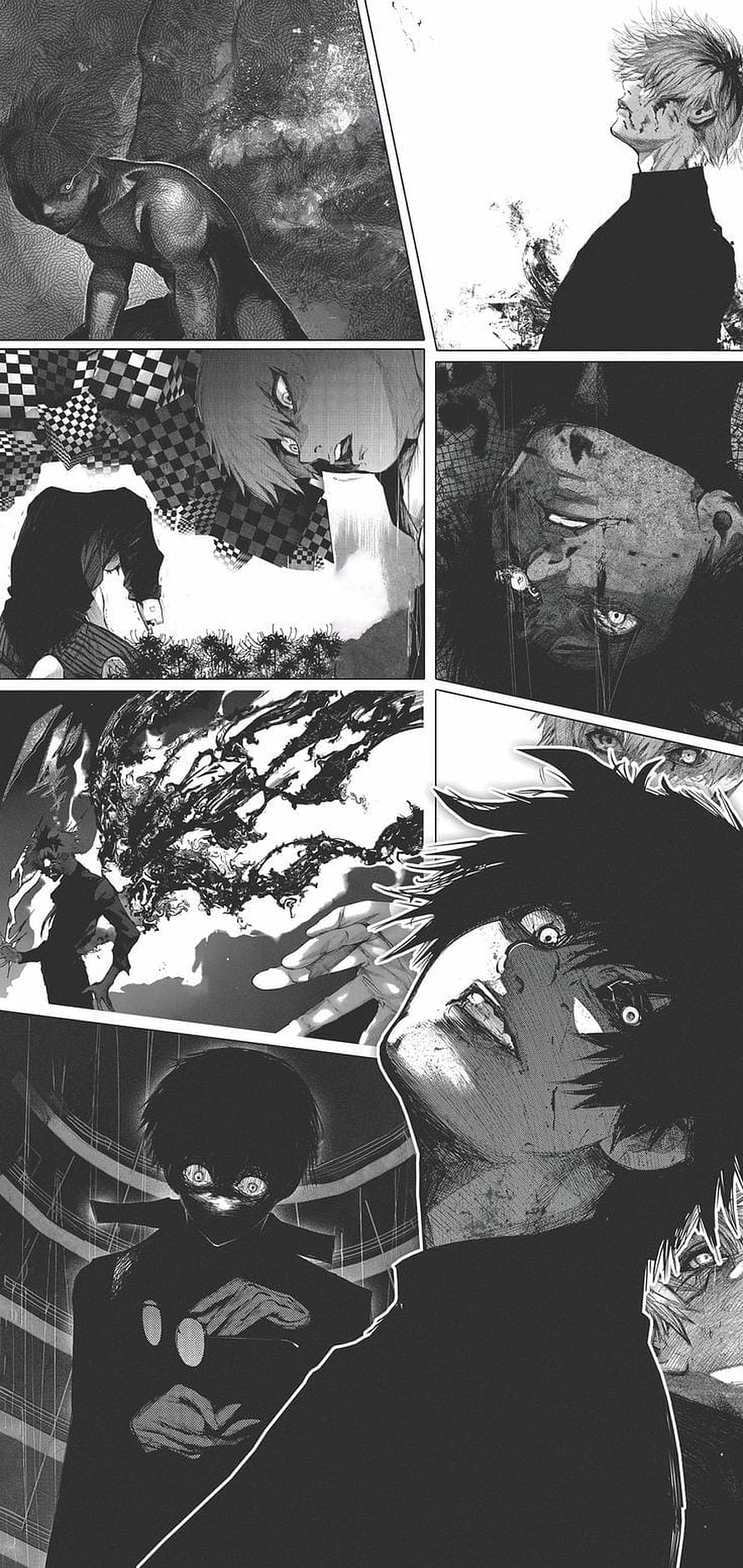 Tokyo Ghoul manga panel collage featuring Kaneki Ken and dark horror scenes HD phone wallpaper
