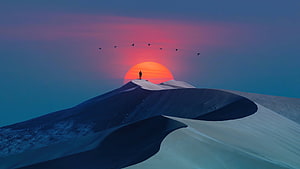 Lone figure on a snowy dune ridge at sunset with birds in flight HD wallpaper
