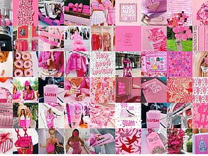 Pink Preppy Aesthetic Wall Collage Kit Featuring Fashion, Lifestyle, and Pop Culture Elements HD wallpaper