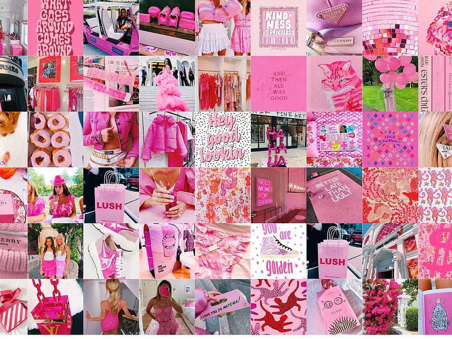 Pink Preppy Aesthetic Wall Collage Kit Featuring Fashion, Lifestyle, and Pop Culture Elements HD wallpaper