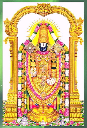 Sri Venkateswara Swamy deity adorned in gold ornaments and floral garlands within ornate archway HD phone wallpaper