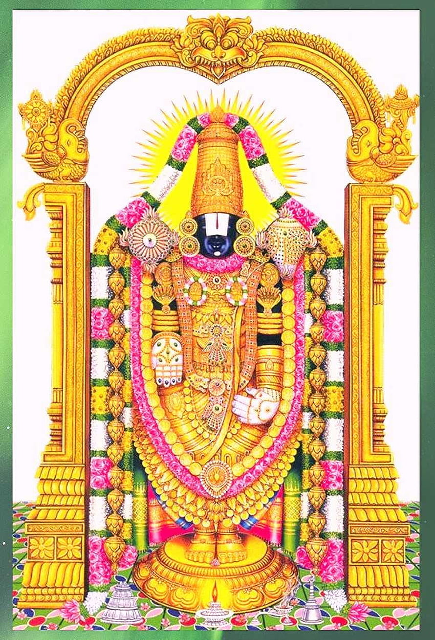 Sri Venkateswara Swamy deity adorned in gold ornaments and floral garlands within ornate archway HD phone wallpaper