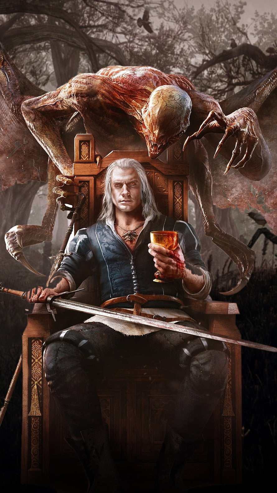 Geralt of Rivia Seated on Throne with Drowner Monster in Dark Forest HD phone wallpaper