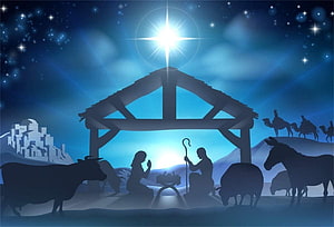 Silhouette Nativity Scene with Star of Bethlehem and Animals at Night HD wallpaper