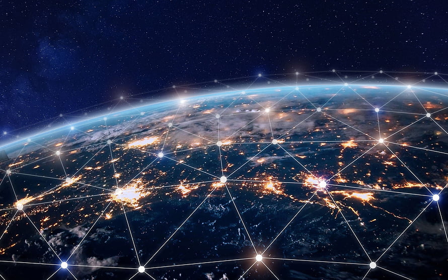 Global Digital Network Overlay on Earth at Night with Glowing Connection Nodes HD wallpaper