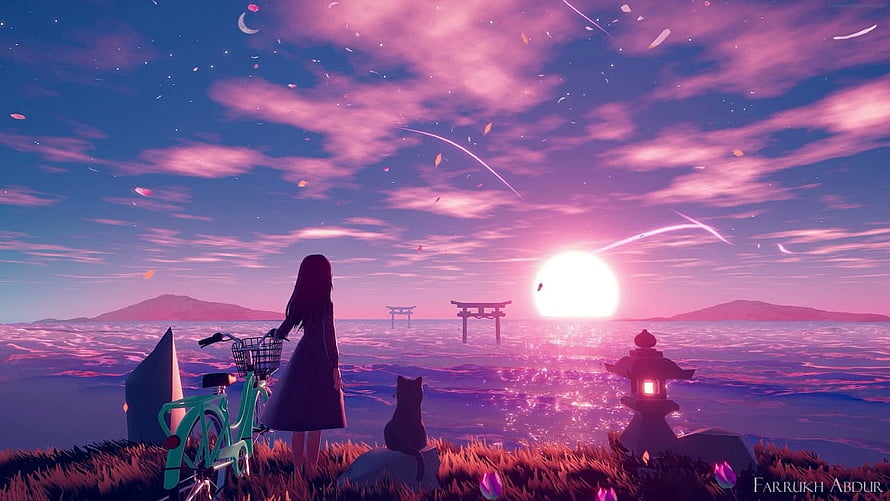 Anime Girl and Cat Watching a Purple Sunset Over a Sea with Torii Gates HD wallpaper