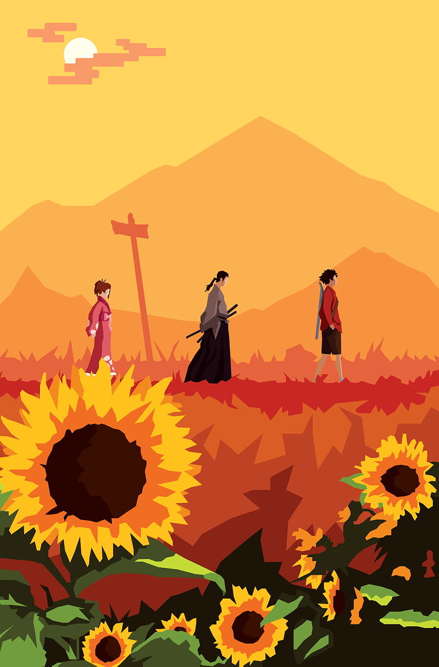 Samurai Champloo Characters Walking Through a Vibrant Sunflower Field at Sunset HD phone wallpaper