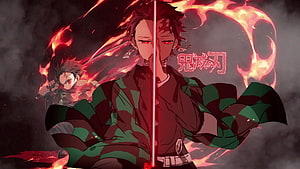 Demon Slayer Tanjiro Kamado Wielding Flame Breathing Sword in Dark Anime Artwork HD wallpaper