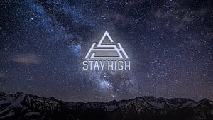 Stay High Logo Over Snowy Mountain Range Under Starry Night Sky HD wallpaper