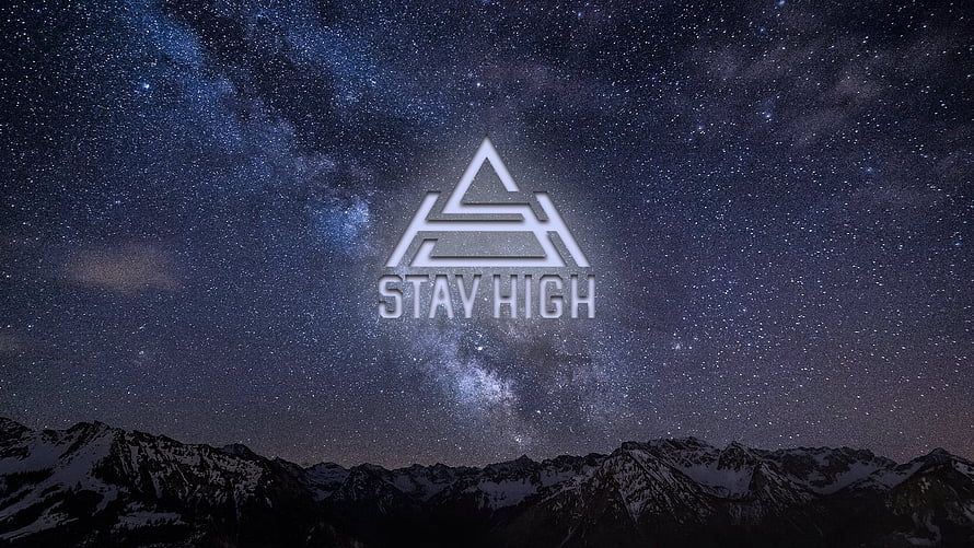 Stay High Logo Over Snowy Mountain Range Under Starry Night Sky HD wallpaper