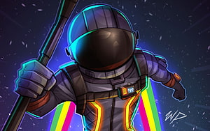 Stylized Astronaut with Neon Glow and Rainbow Light Trails in Space HD wallpaper
