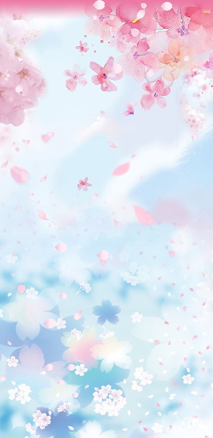 Pastel Watercolor Cherry Blossom Petals Drifting in Soft Blue Sky HD phone wallpaper