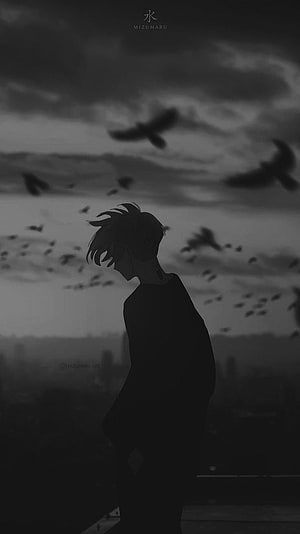 Melancholic Anime Boy Silhouette with Flock of Birds in Monochrome Sky HD phone wallpaper