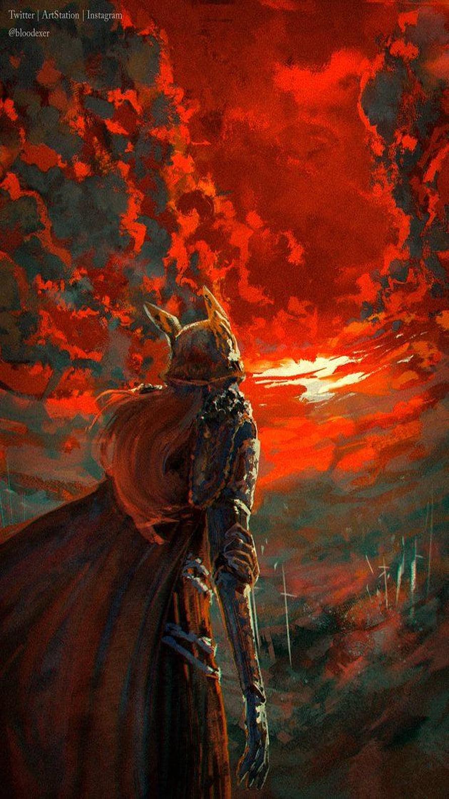 Armored Knight Gazing at Crimson Sky in Dark Fantasy Digital Painting HD phone wallpaper