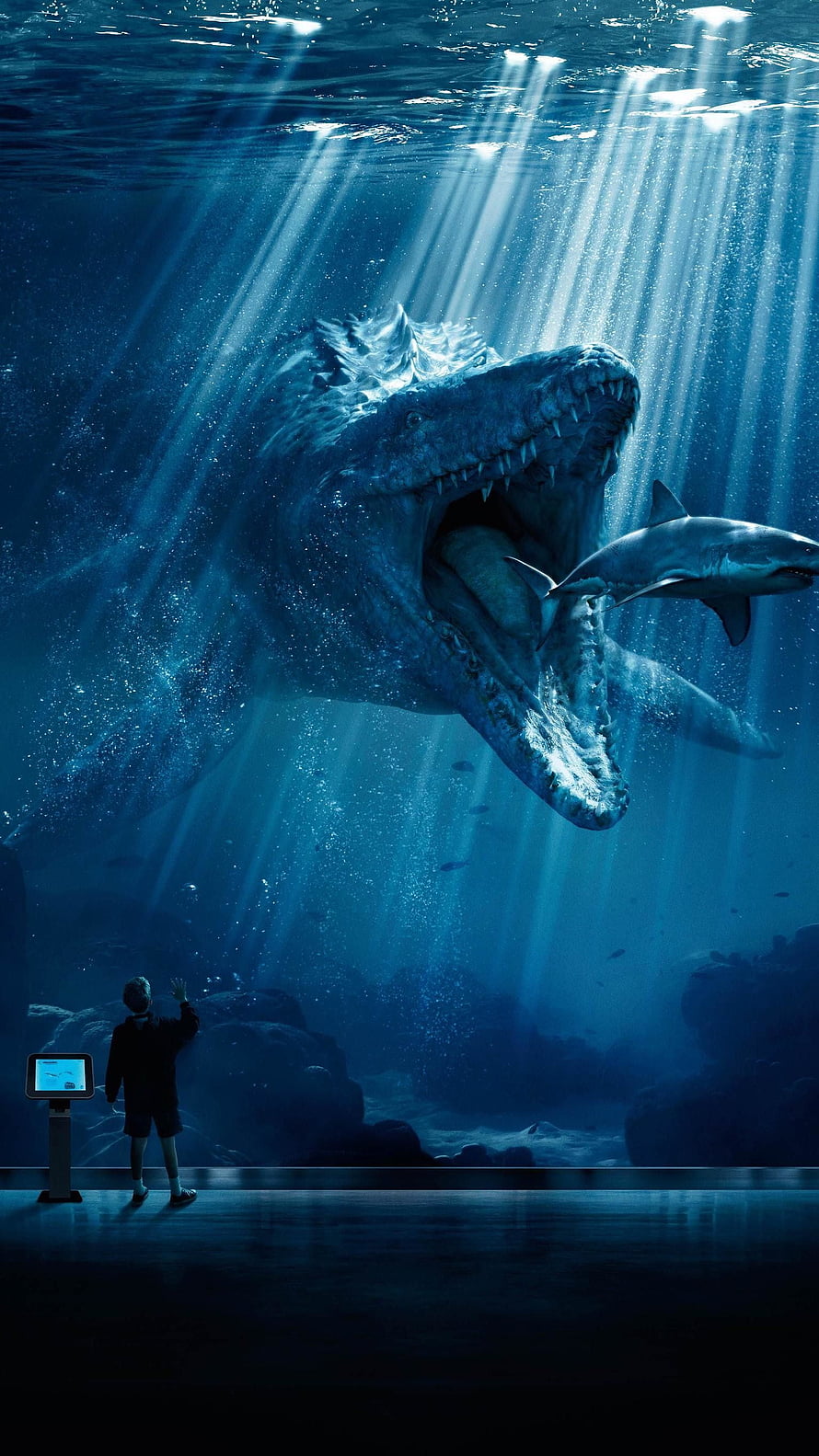 Mosasaur and Shark in Deep Blue Ocean with Visitor at Jurassic World Aquarium HD phone wallpaper