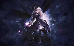 Dark Winged Anime Girl in Gothic Dress with Silver Hair and Purple Eyes HD wallpaper