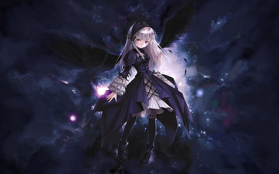 Dark Winged Anime Girl in Gothic Dress with Silver Hair and Purple Eyes HD wallpaper